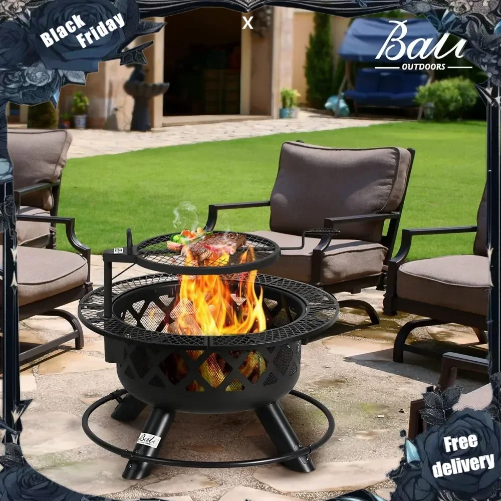 Wood Burning Fire Pit with Quick Removable Cooking Grill, Black, 32in