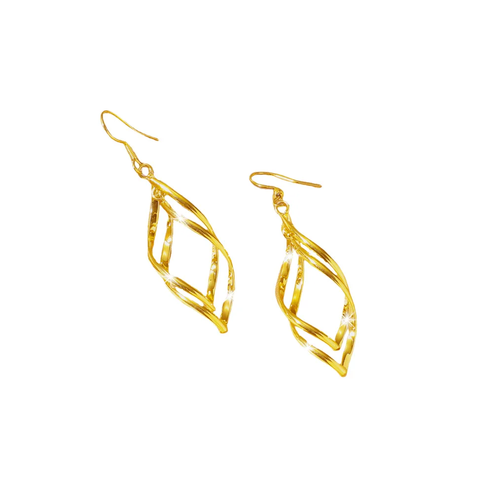 European and American 9999 24K Real Gold Creative 24k Gold Double Swirl Buckle Long Earring Simple Accessories Earrings