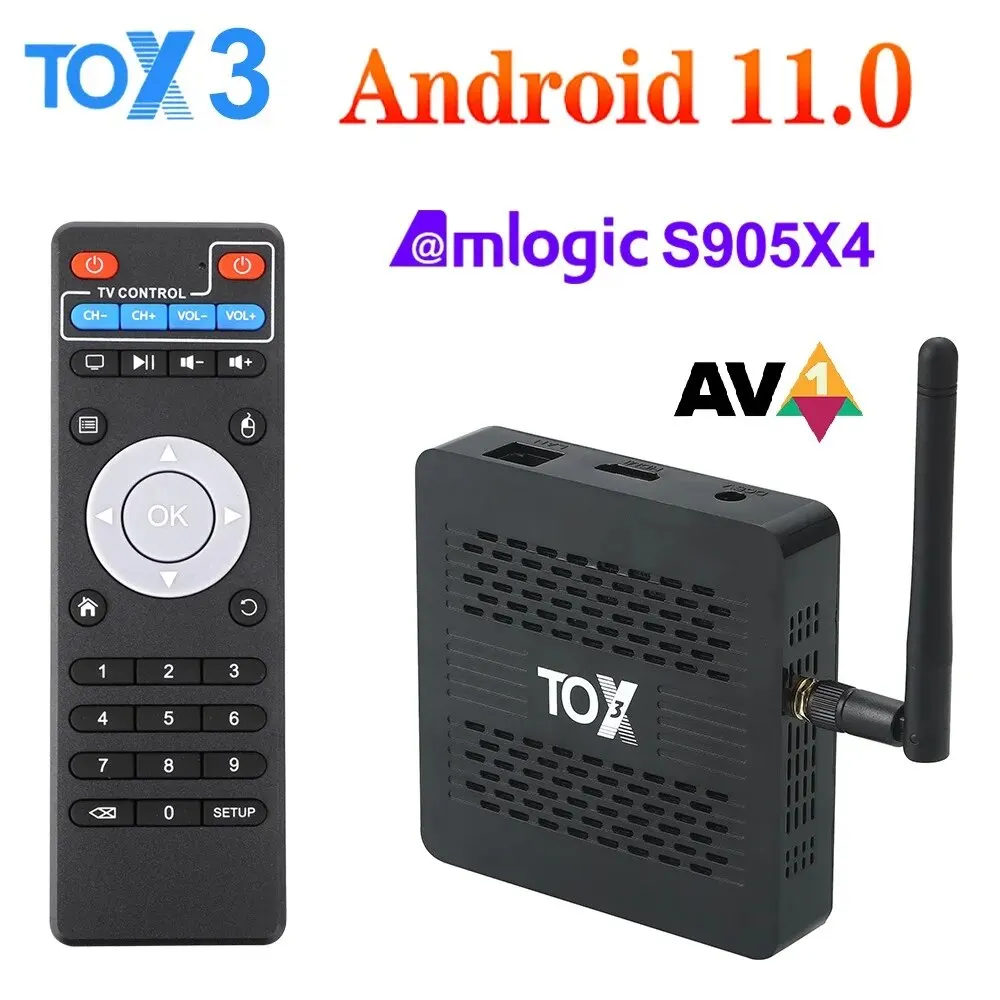 Tox3 Smart Tv Box Android 11 4Gb 32Gb Met Amlogic S 905X4 2t2r Wifi 1000M Internet Bt4.1 Ondersteuning Av1 4K 60fps Dlna Mediaspeler