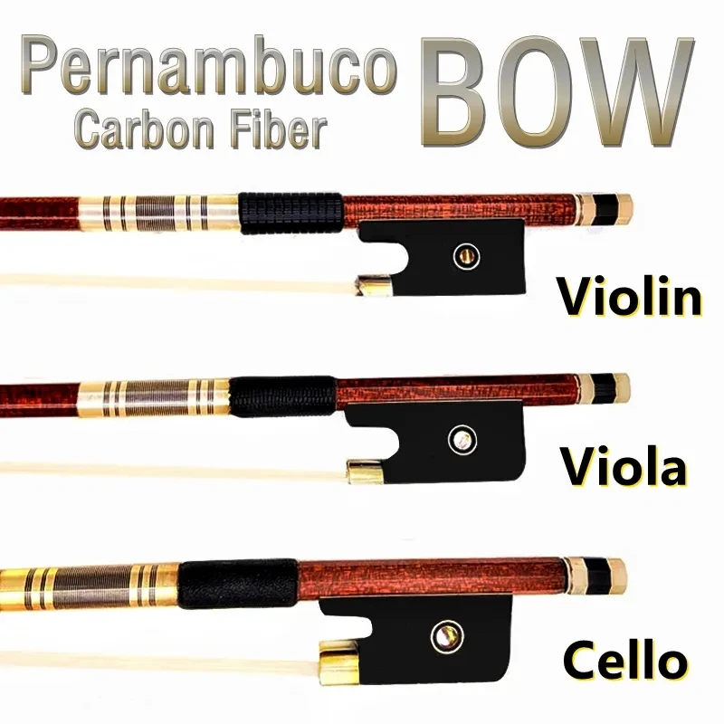 1Pcs top Pernambuco carbon Fiber Round Stick violin viola cello bow 4/4,silver/Copper Mounted，Siberian horsetail horsehair