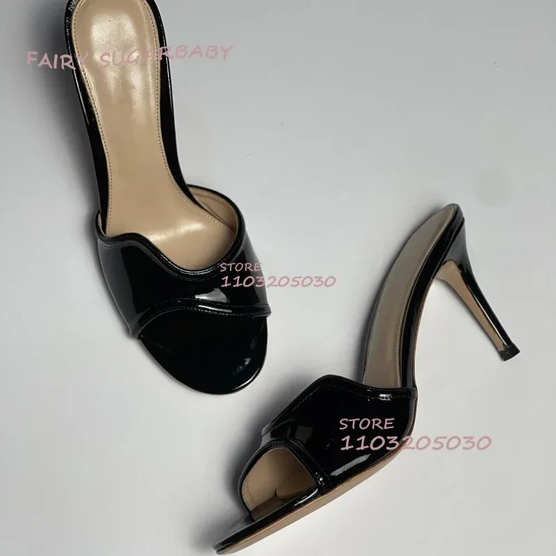 Wavy Patent Leather Black Low Heel Sandals Women Brown Leopard Print Slippers Open Light Casual Fashion Office Lady Concise Shoe