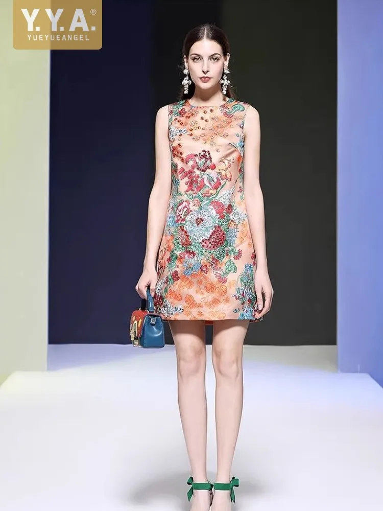 

Female Summer New Style Colorful Diamonds Shiny Dresses Retro Floral Print Sundress Sleeveless O-Neck Fashion Above Knee Dress