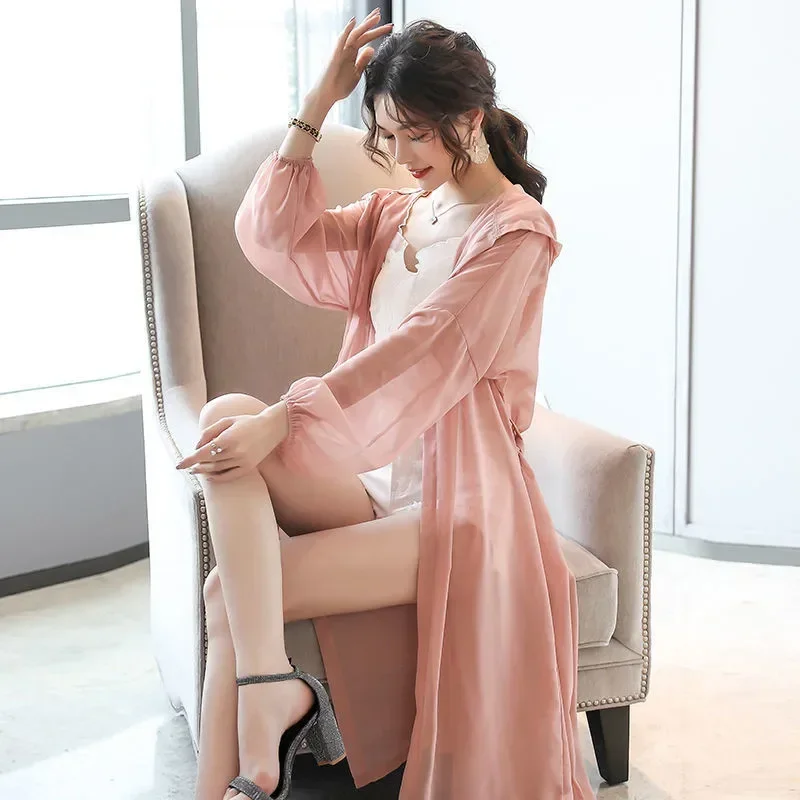 Women Blouse Summer Puff Sleeve Simple Loose Chiffon Shirt White Kimono Cardigan Hooded Long Kimono Ladies Tops Sun-protective