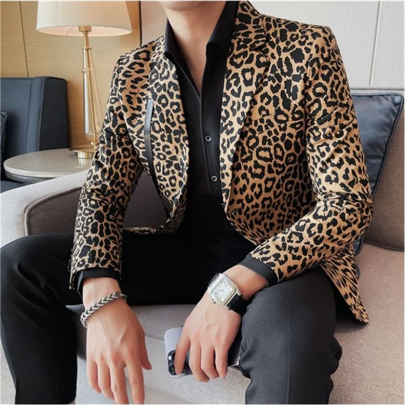 

All Match Leopard Print Suit Men's Coat Autumn and Winter New Style Feeling British Casual Notched Top Long Sleeve Men
