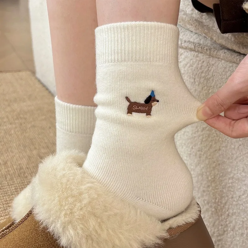 

5 Pairs Cute Cartoon Dog Women's Thermal Mid-Calf Socks Fall Winter Korean-Style Wool Ankle Socks Thermal Socks High Quality