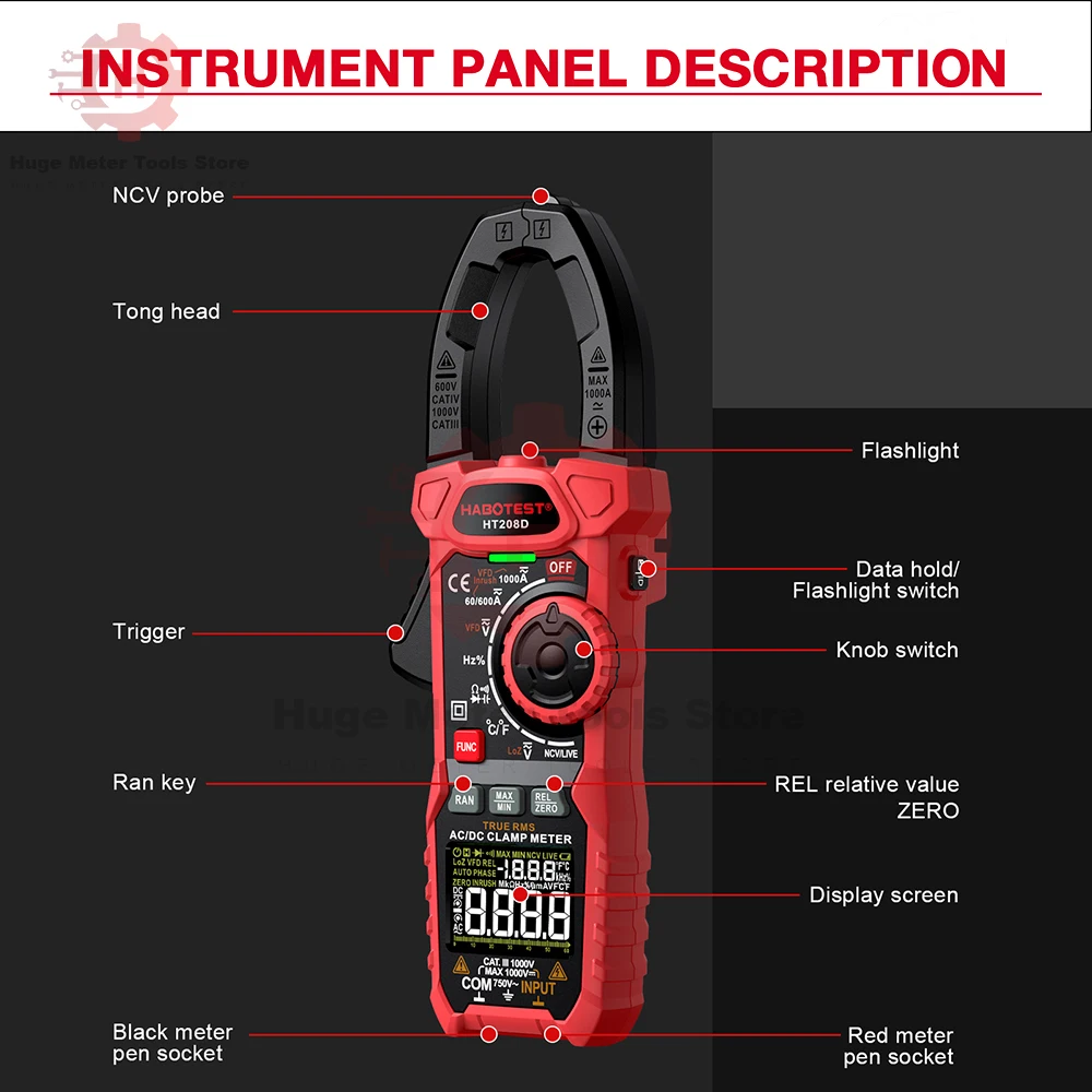 HT208D 1000A AC DC Digital Clamp Meter Multimeter 6000 Counts True RMS Auto-ranging Current Voltage Temp Capacitance NCV Tester