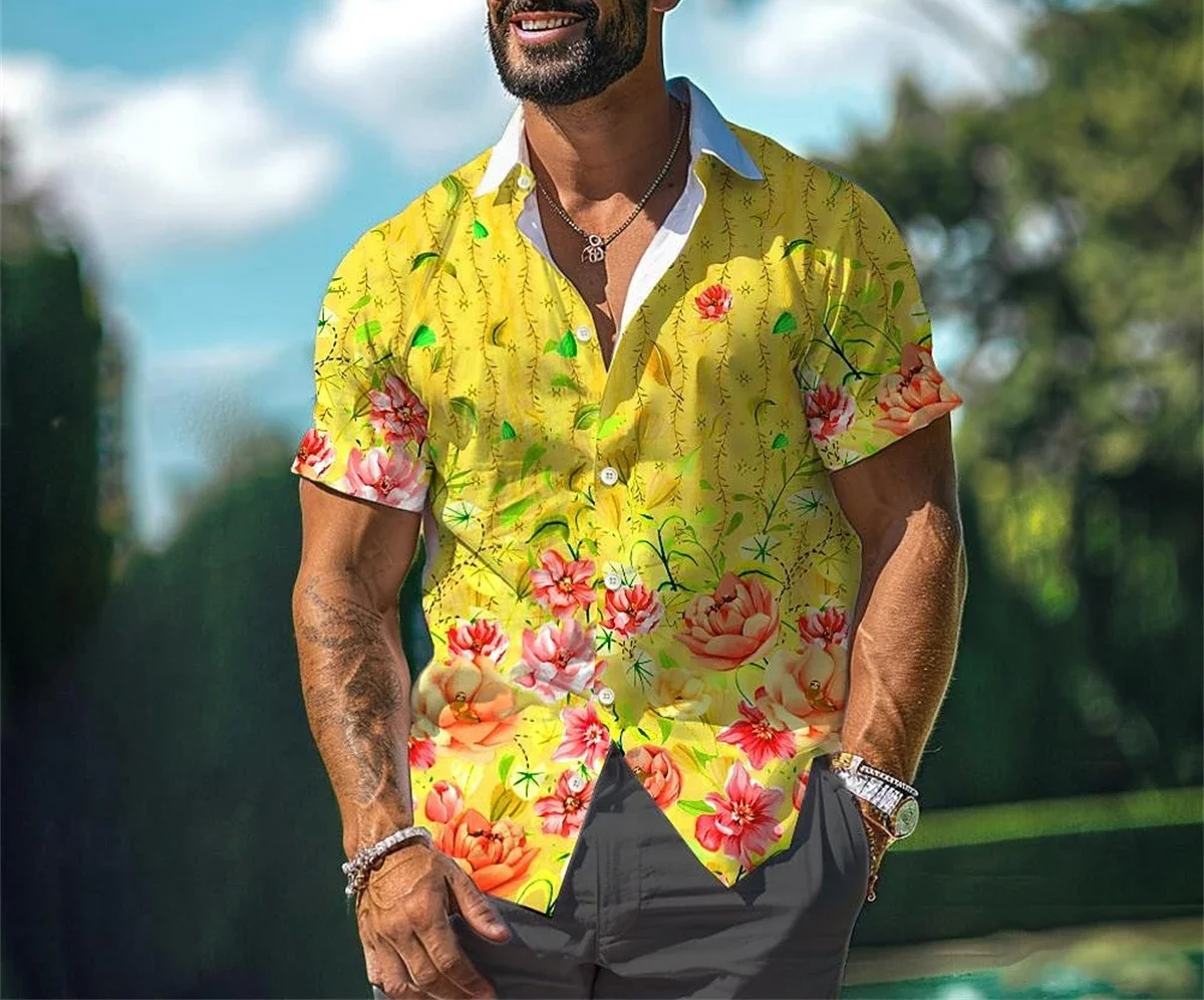 Camisa con botones de solapa para hombre, camisa hawaiana de manga corta con estampado 3D de flores, informal, cómoda tela elástica grande para vacaciones