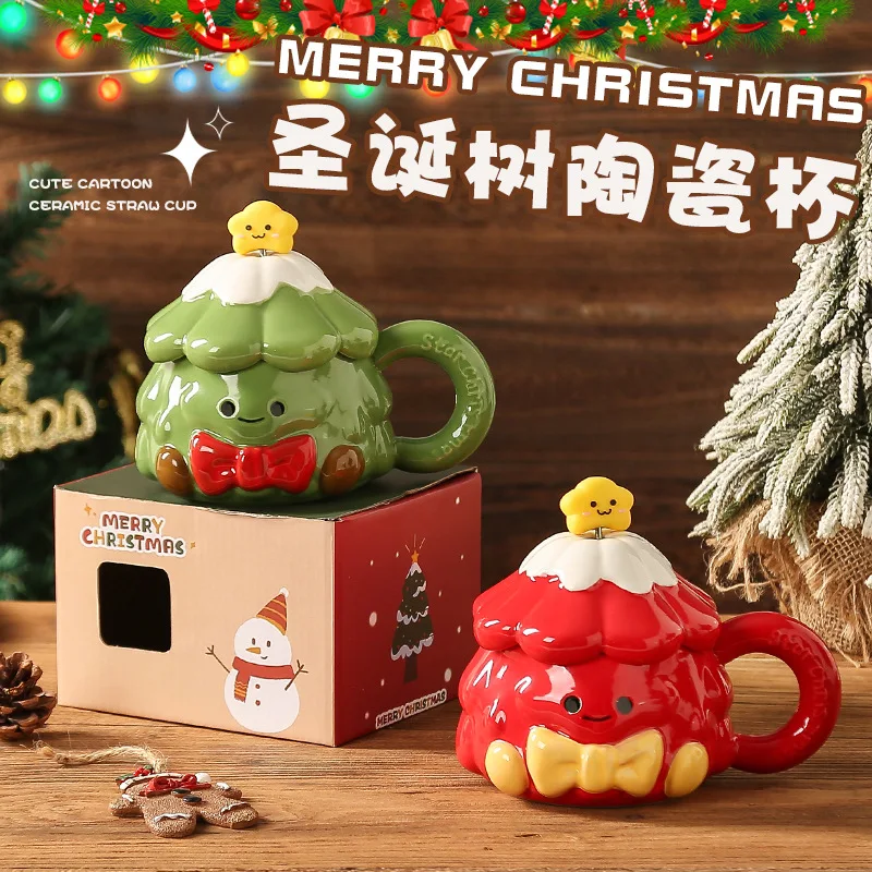 Creative Hand-painted Christmas Tree Ceramic Cup Internet Celebrity Cute Household Spoon Mug Large Capacity Drinking Cup