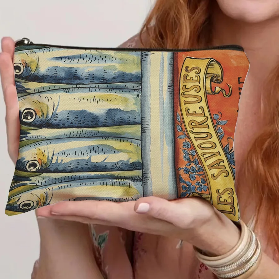 Vintage Makeup Organizer Stylish Canvas Zipper Pouch Travel Toiletry Bag Waterproof Sardine Pattern Cosmetic Bag For Birthday