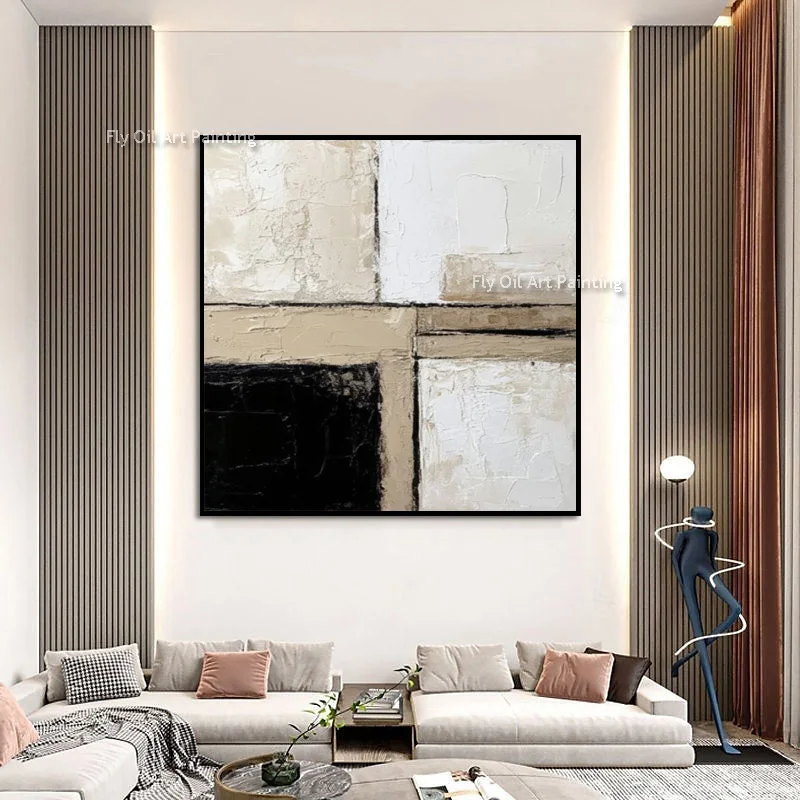 Black Beige White Minimalism Style Canvas Wall Art Decor For Room Handpainted Beige White Brown Abstract Oil Painting New Art