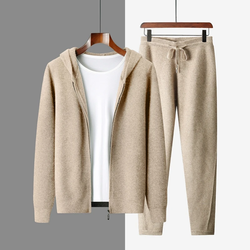 High Quality Men 100% Cashmere Cardigan Knit Trousers Suit Autumn Winter Thick Knitwear Casual Sweater Hoodie Cashmere Pants
