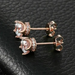 Huitan Rose Gold Color Round Cubic Zirconia Stud Earrings Delicate Ear Accessories for Women Birthday Gift New Fashion Jewelry