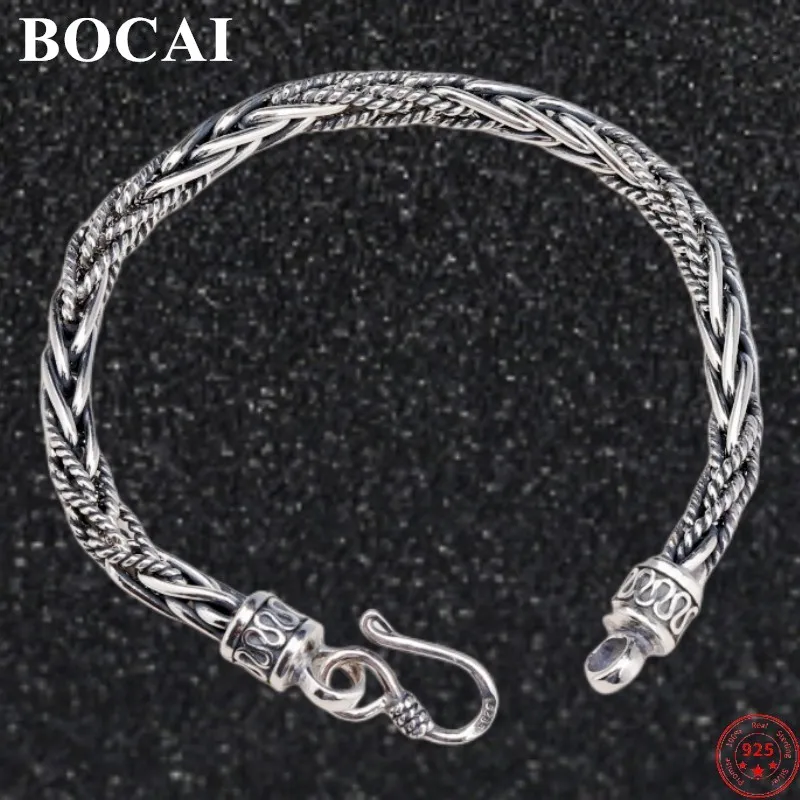 BOCAI S925 Sterling Silver Bracelets for Men New Men's Fashion Stripe Pattern Weaven Twist-chain Pure Argentum Jewelry