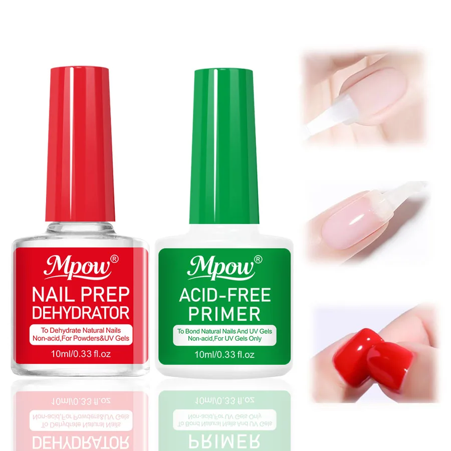 Mpow 1/2pcs 10ml Nail Dehydrator & Acid-Free Primer Set for Gel Polish Base Coat Soak Off UV LED Nail Art Manicure Tool