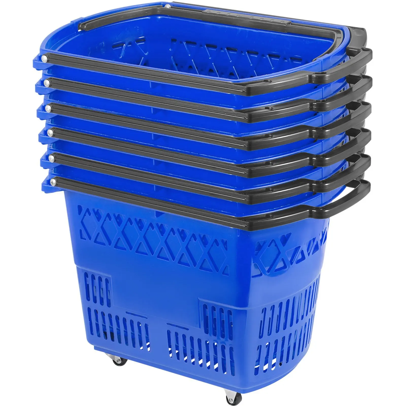 6PCS Shopping Carts, Blue Shopping Baskets with Handles, Plastic Rolling Shopping Basket with Wheels, Portable Shopping Basket