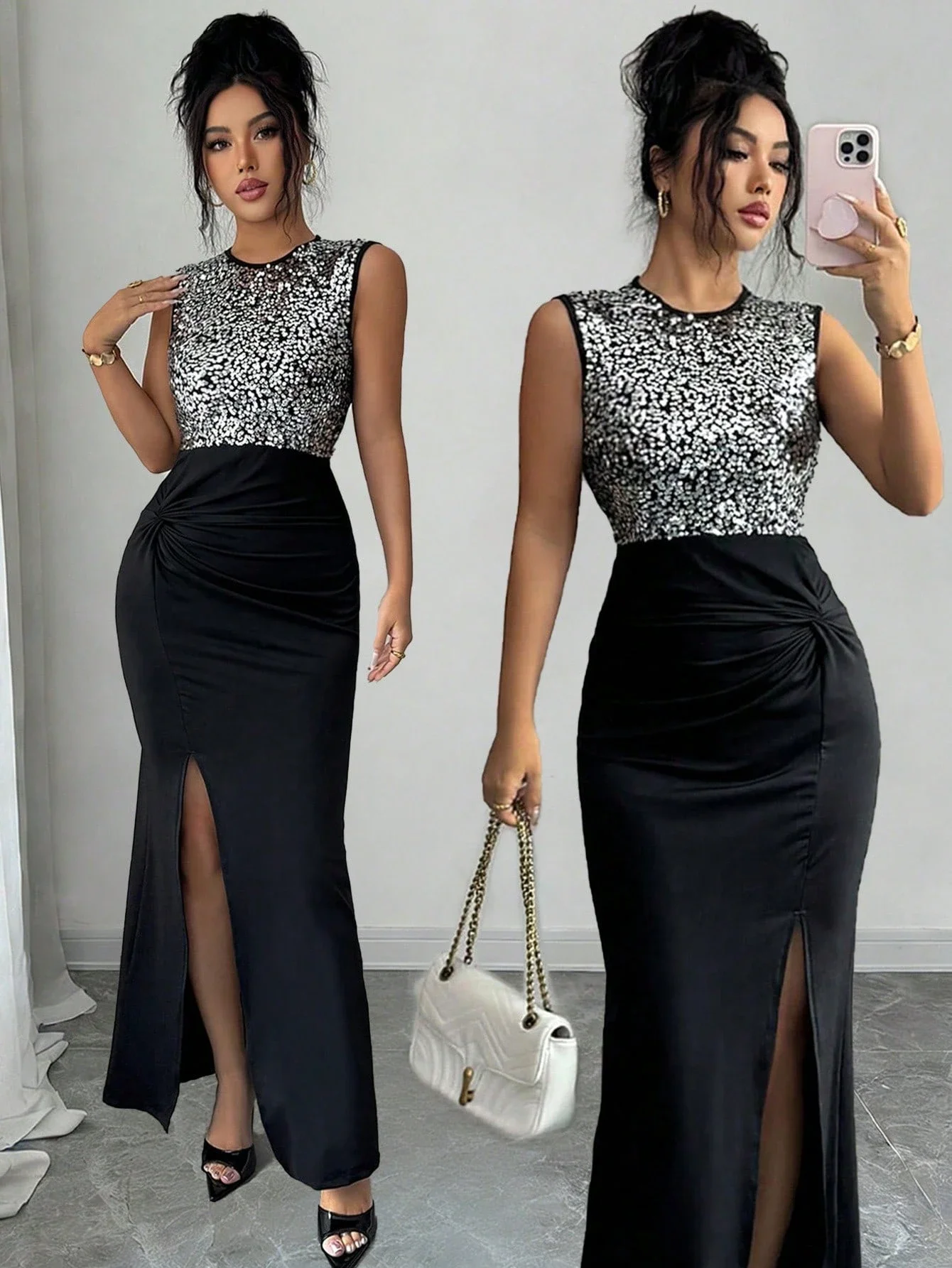 

Элегантное платье без рукавов с пайетками и высоким разрезом для вечеринки, свидания или банкета