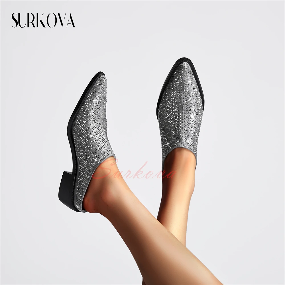 Full Rhinestone Pointy Toe Shoes Shallow Half Slipper Chelsea Shoes Square Chunky Heel Heightened Leather Shoes New Casual Shoes