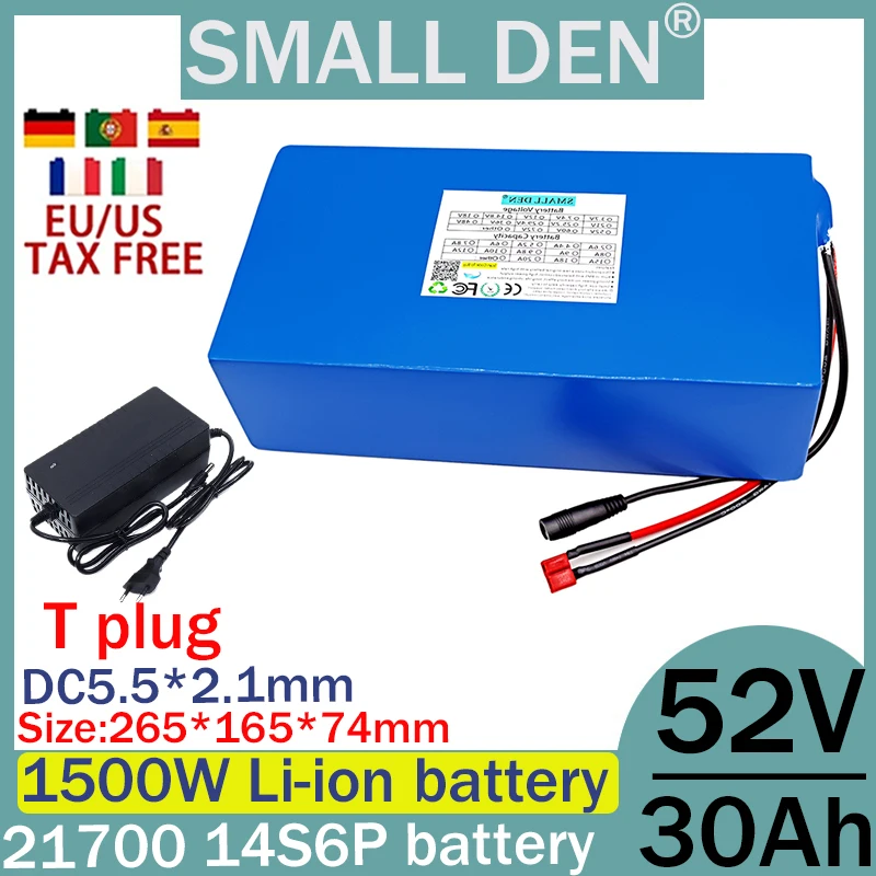 New 52V 30ah 21700 lithium battery 14S6P with built-in 30A Bms 0-1500W high-power electric tool motor+2A 3A 5A charger