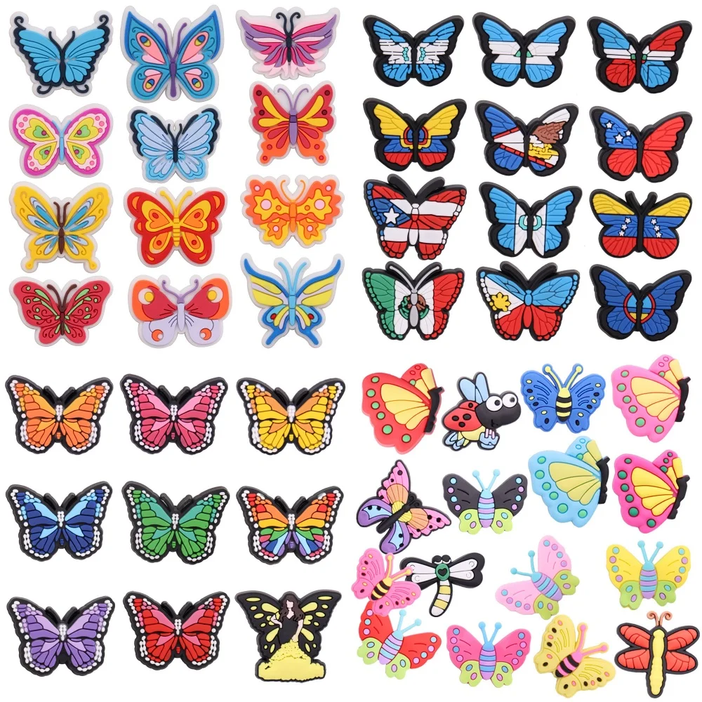 

Mix 50pcs/set Cartoon Beautiful Butterfly Dragonfly PVC Shoe Charms Fit Wristbands Sandals Shoes Decoration Slipper Accessories