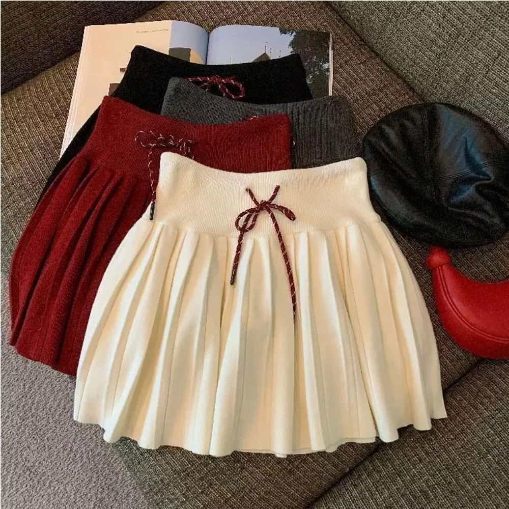

Sweet Drawstring Pleated Mini Skirts Short Preppy High Waist Skirt Korean Style Elastic Knitted Mini Skirt School Girl