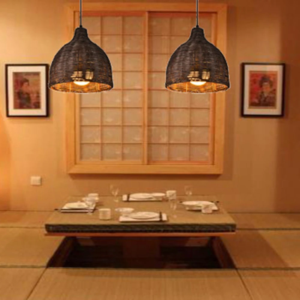 Retro Bamboo Weaving Chandelier Lamp Hanging LED Ceiling Lamp Droplight Fixtures for Restaurant Living Room Decoration C