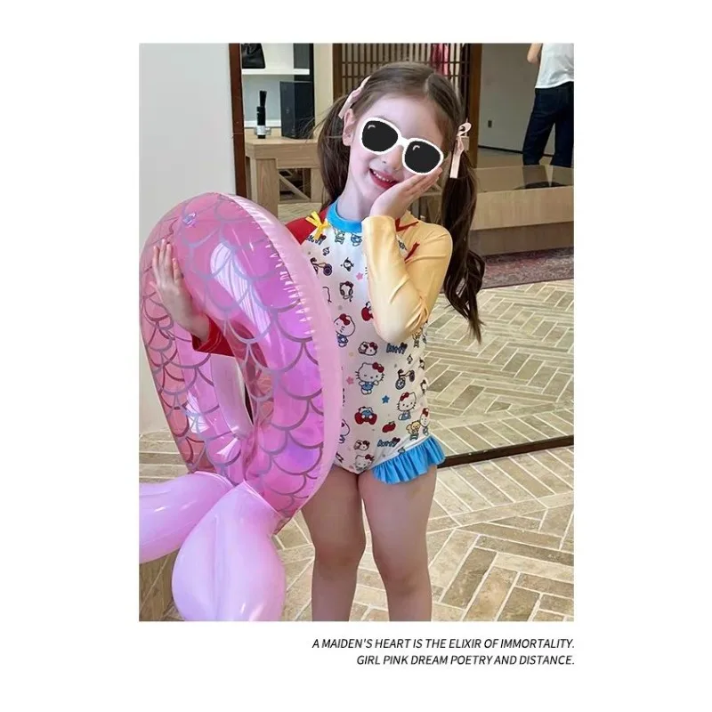 جديد الرسوم المتحركة مرحبا كيتي مطبوعة كم طويل ملابس السباحة الحماية من الشمس تكدرت التجفيف السريع قطعة واحدة ملابس السباحة بالجملة #6