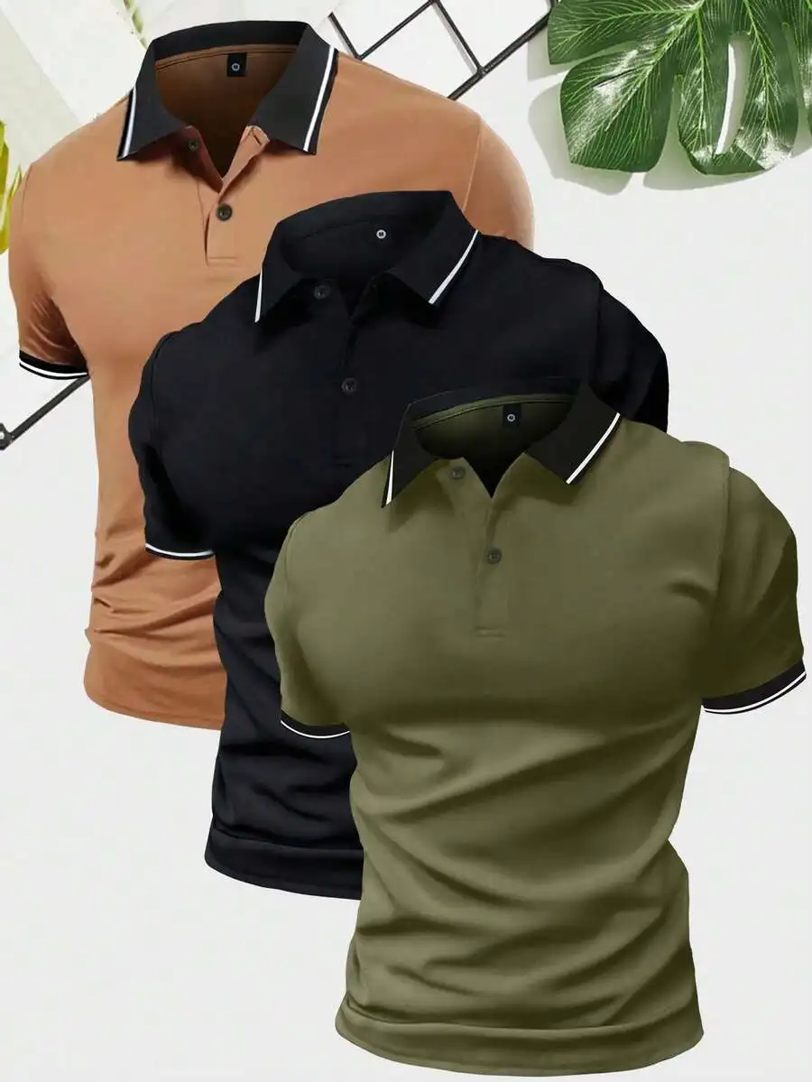 

3-Pack Men's Short Sleeve Polo Shirts, Lightweight Contrast Trim, Casual Summer Outdoor Wear