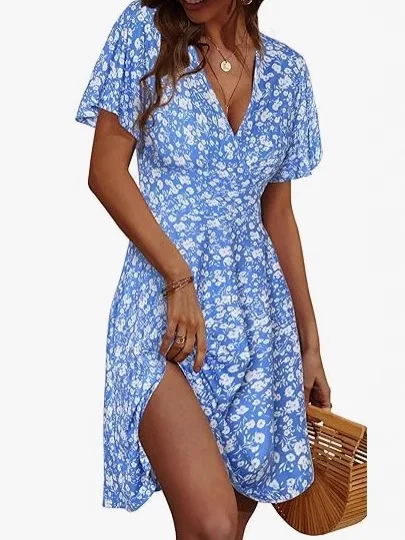 Seductive Dress Plunging V-Neck Floral-Print Dress Graceful Lightweight Midi Dress Timeless Vintage-Style Polka Dresses