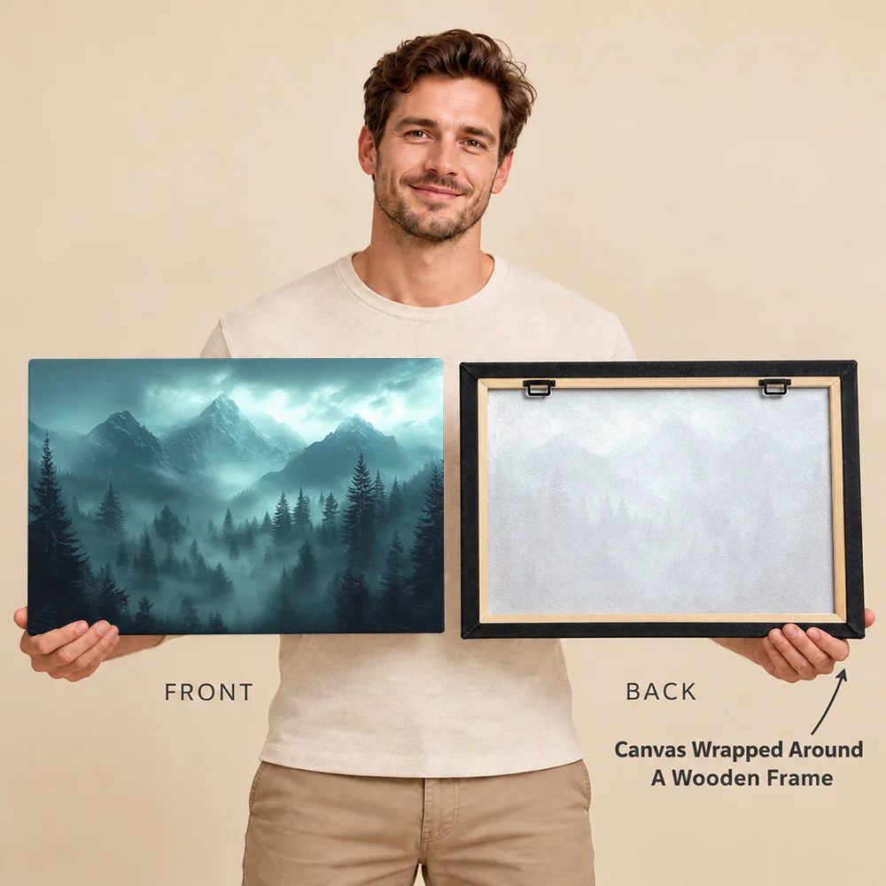 Misty Mountain Forest Landscape Canvas Print With Wooden Frame Personalized Photo Layered Evergreen Wall Art For Living Room
