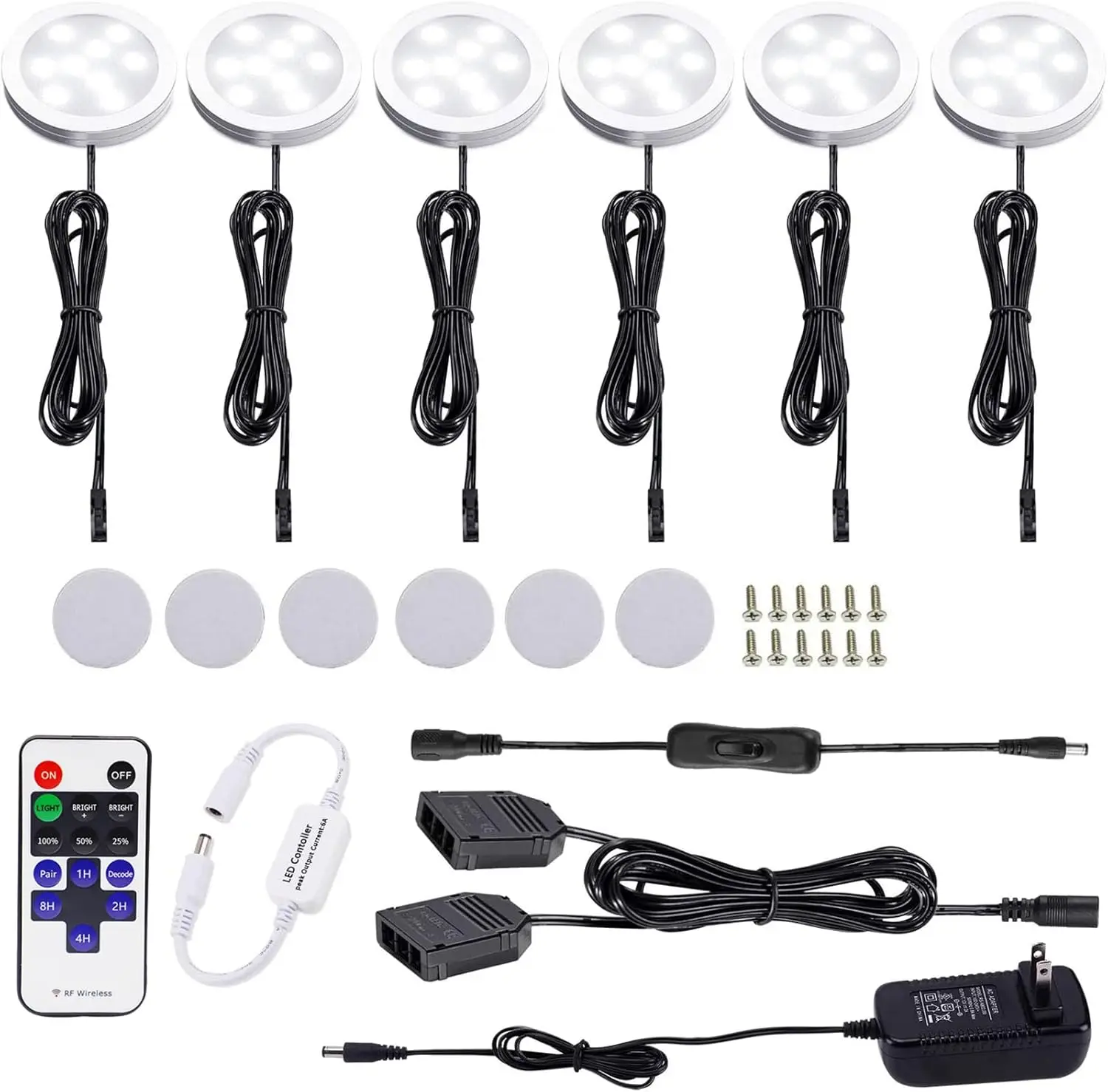 

12V LED Under Cabinet Lights Kit 6 Pack Black Cord Aluminum Puck Lights for Kitchen Counter Closet Lighting 6000K