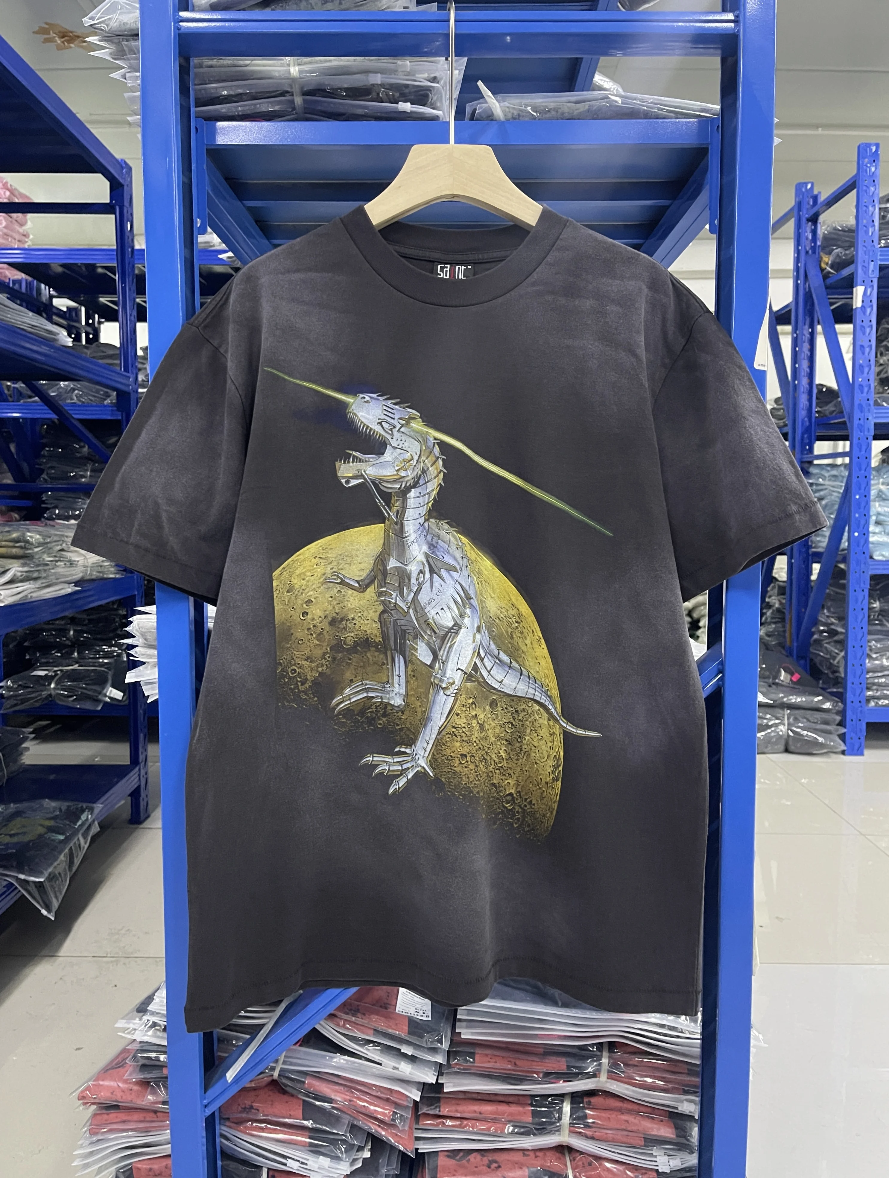 Summer 2025s New High-quality Vintage Short-sleeved T-shirts For men Saint Metal Dinosaur Print Oversize Tops Heavyweight Tops