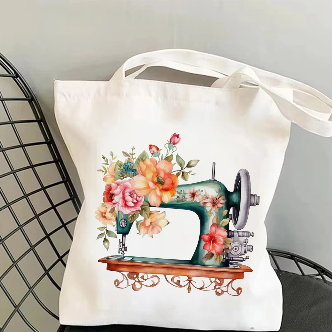 

Vintage Sewing Machine Flower Canvas Tote Bag Vintage Happy Easter Shopping Bag Girly Funny Bunny Holiday Schoolbag