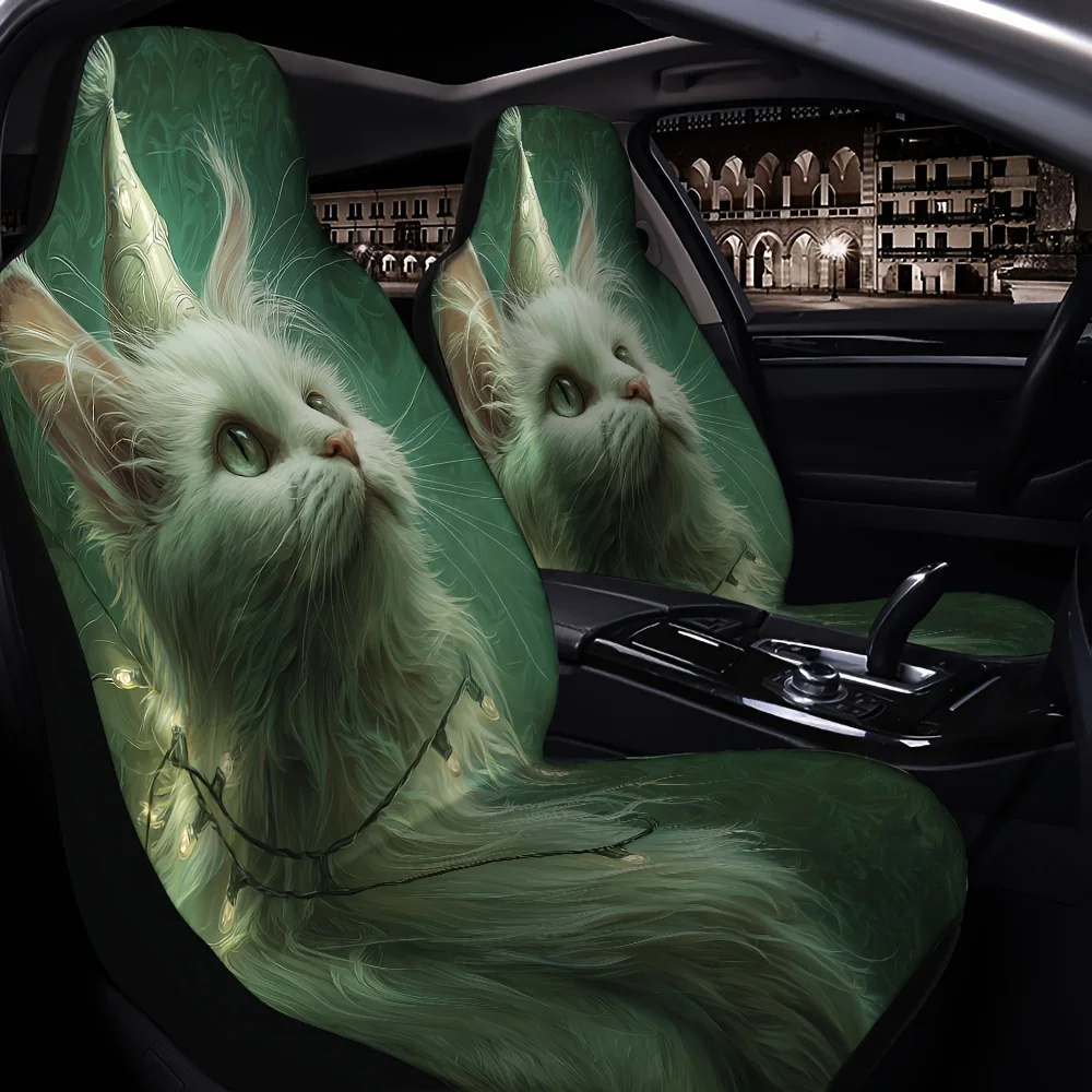 2pcs White Cat Wearing Hat Light String Wrap Printed Car Seat Covers, Suitable For Sedans, Suvs, Mpvs, Trucks, Durable Polyester