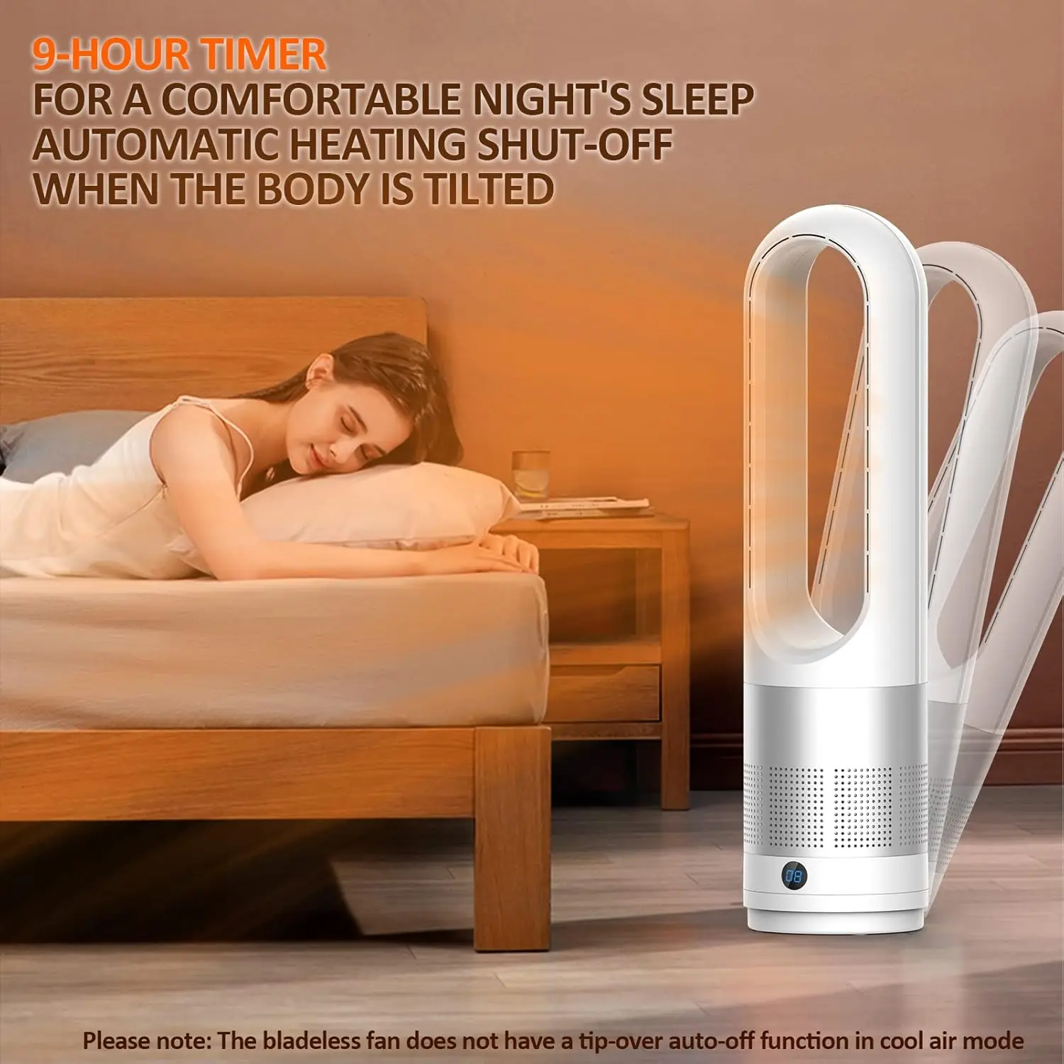 Безлопастной башенный вентилятор, комбинированный вентилятор с обогревателем пространства и пультом дистанционного управления 80 ° Осциллирование 8-скоростной 9-часовой светодиодный дисплей таймера