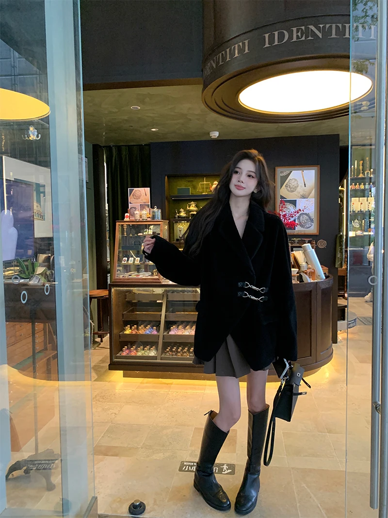 Pelliccia di agnello ebano tono freddo Jaet Cappotto invernale da donna in pelle integrata Thiened Cappotto in pelle eepskin Coreano Sle Pendolarismo Vento