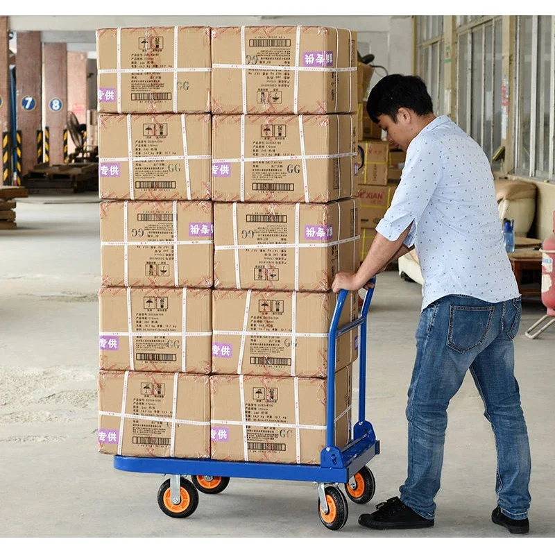 New Warehouse Portable Transportation Steel Heavy Duty Metallic 150kg 300kg 400kg Platform Trolley Carts