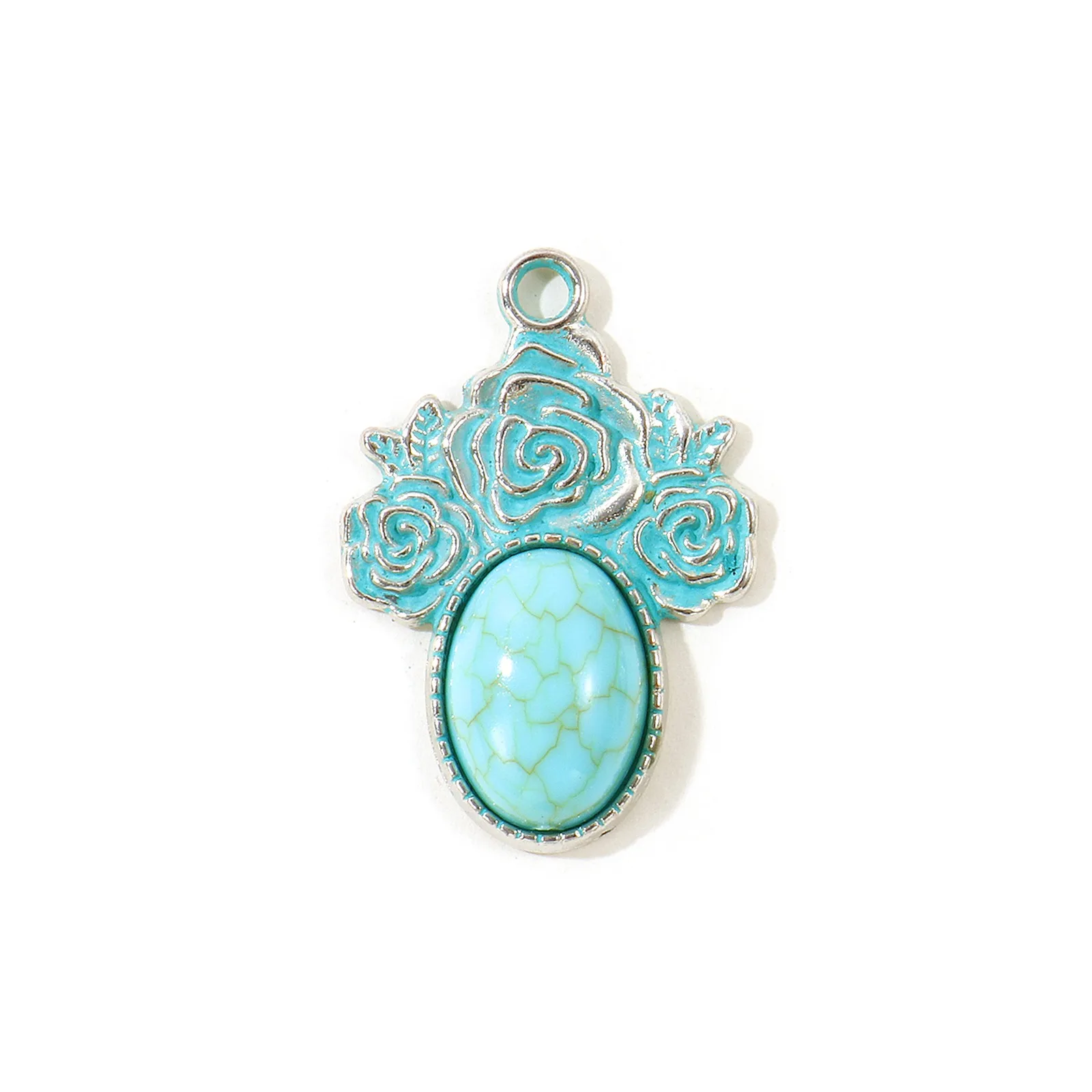 5 Stück Bohemian-Stil Anhänger Geometrisch Antiksilberfarben Grün Blau Patina Imitation Türkis Anhänger DIY Halskette Schmuck – Detail 1