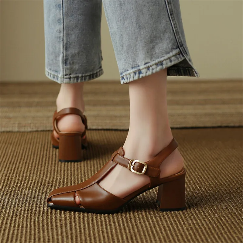 Split Leather Summer Sandals Square Toe Chunky Heel Sandals for Women High Heels Mary Jane Shoes T-shaped Buckle Ladies Shoes