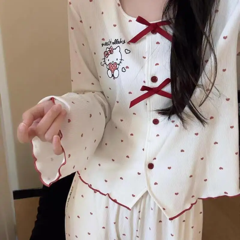 

Cartoon Korean Version Bow Tie Spicy Girl Home Clothes Fashionable Temperament Women's Spring Summer Long Sleeved Pajamas Set