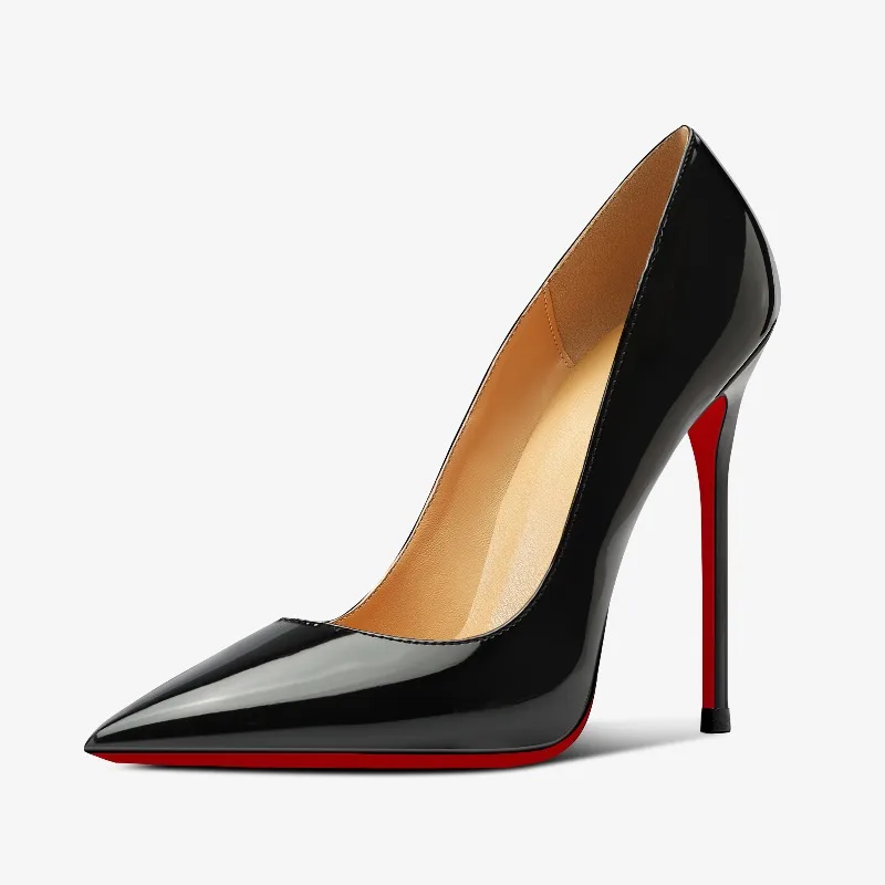 حذاء بكعب عالٍ مدبب جميل للغاية للنساء، حذاء فردي احترافي جديد بكعب نحيف من الجلد الفرنسي المثير مقاس كبير باللون الأسود