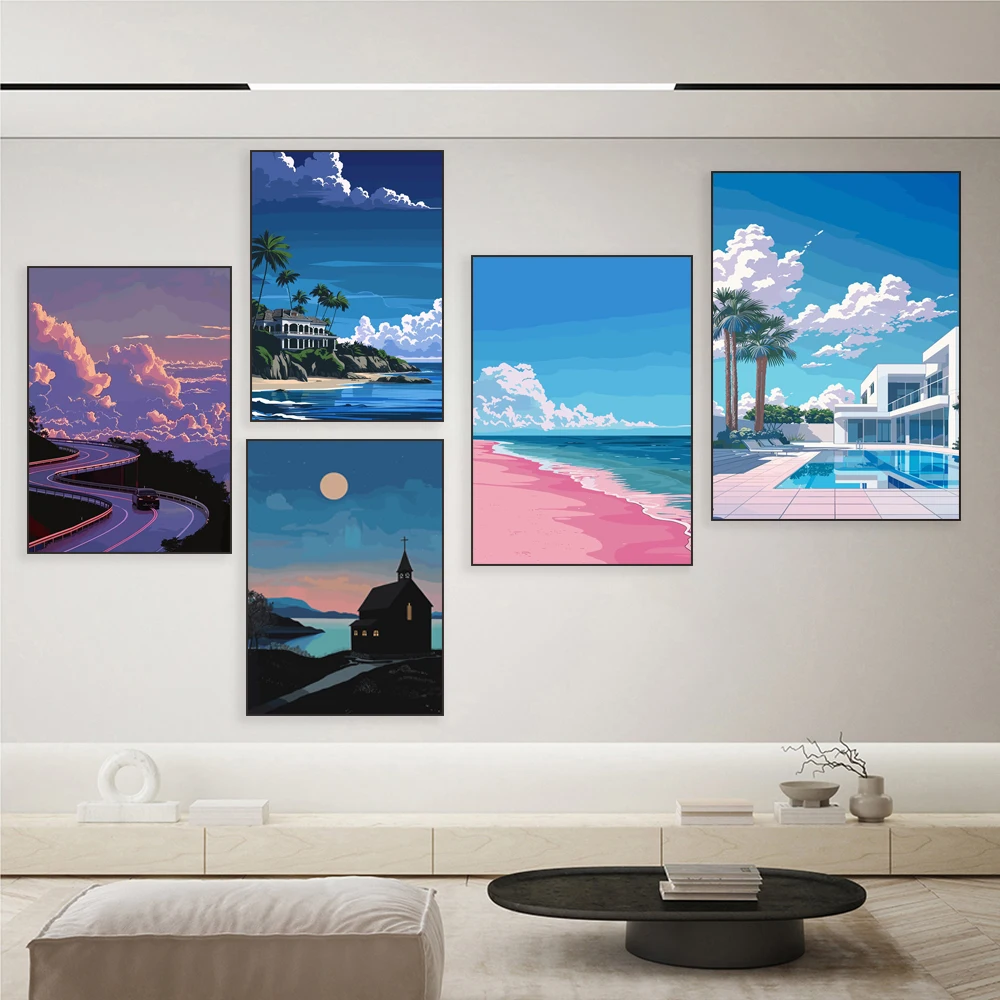 Ancien manoir sur la côte, piscine, art de plage rose, église noire sous ciel d820, stationnaire ai Hirokr, affiche de maison tranquille