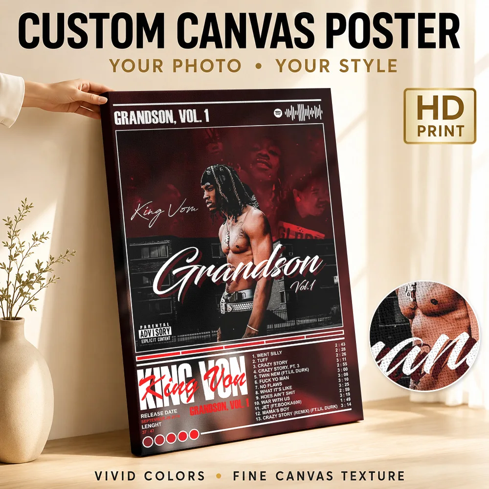 King Von - Grandson, Vol. 1 Album Canvas Poster Personalized Photo Retro Music Wall Art for Studio Bedroom Decor Ready to Hang
