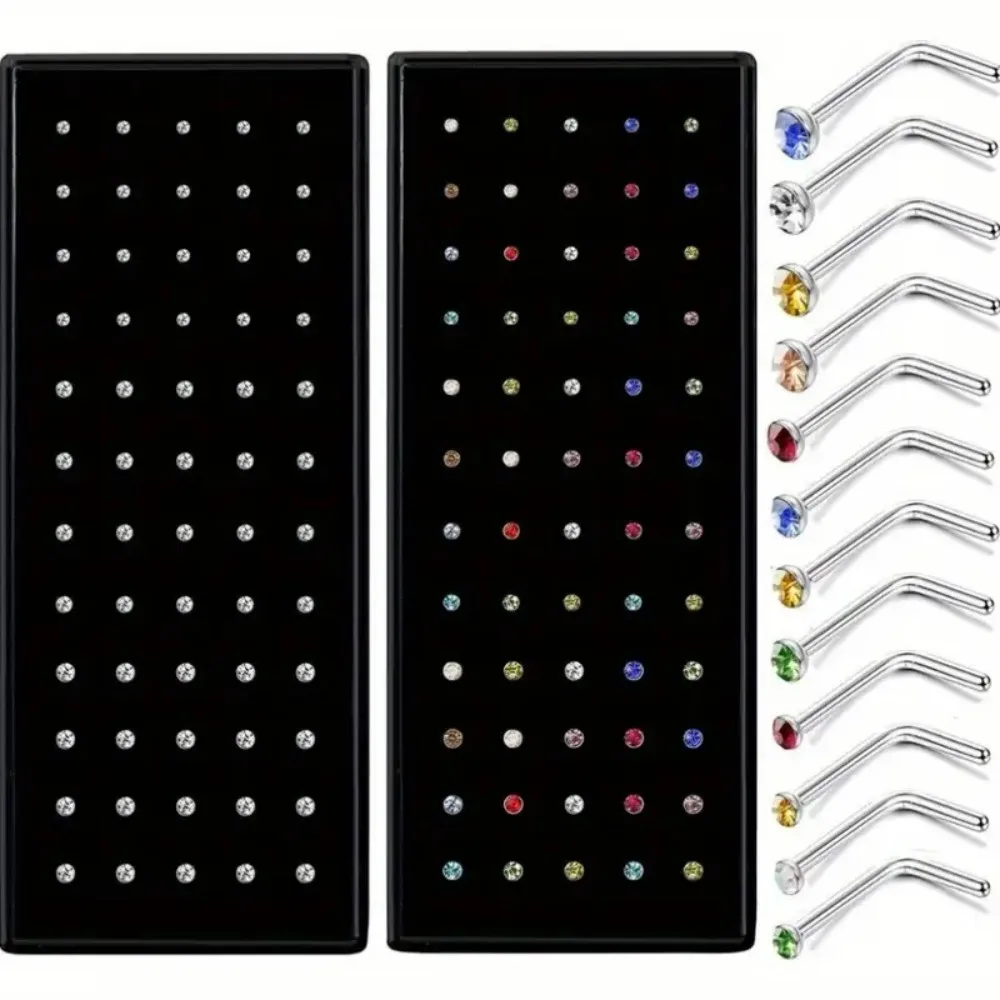 

120 Pcs Stainless Steel L Nose Piercing Studs with Synthetic Cubic Zirconia Women's Fashion Body Jewelry, No Plating for Parties