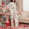 Fashion Women Christmas Pajama Sets Candy Cane Print Long Sleeve Single Breasted Shirts with Pants Sleepwear Loungewear Outfits