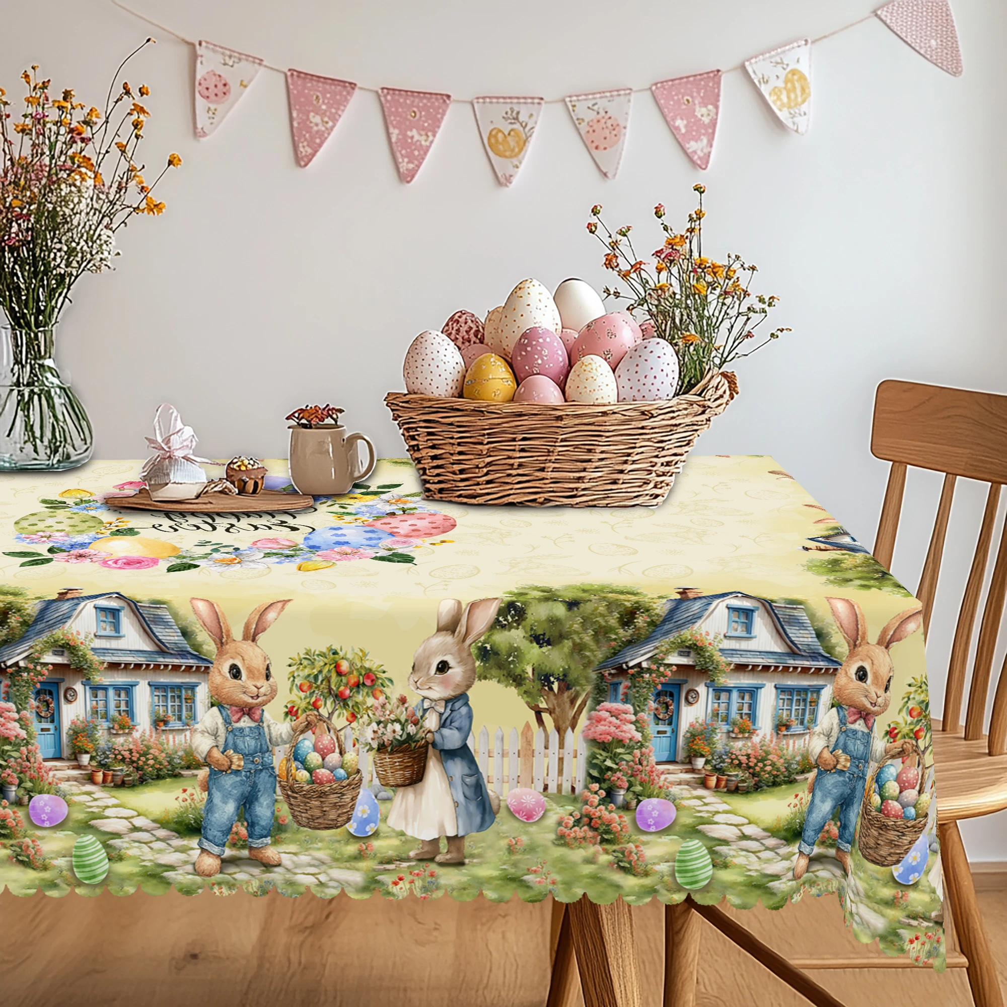 1 Easter Round Tablecloth, Available in 5 Sizes, Cute Wreath Wrapped Around Painted Eggs, Soft and Adorable Bunny Carrying a Basket, Decorative Round Tablecloth for a Cozy Home, Embossed Edge Craftsmanship, Spring Garden Tablecloth Decoration, Suitable for Everyday Home Kitchen and Patio Use, Easter Decoration