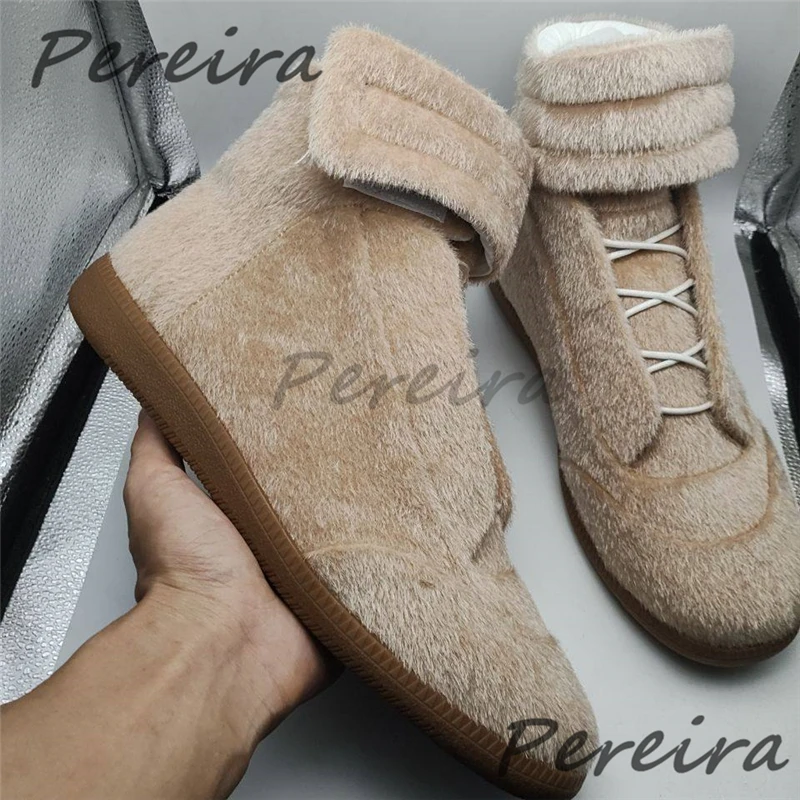 Leopard Print Fur High-Top Boots Solid Thick Soled Round Toe Lace-Up Casual Sneakers Autumn Winter Trendy Versatile Men's Shoes view 5