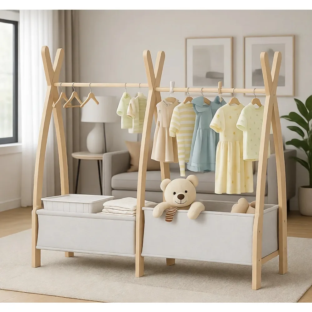 Children's Clothes Rack Storage Closet with Double Hanging Rod and Two Tier Bottom Shelves