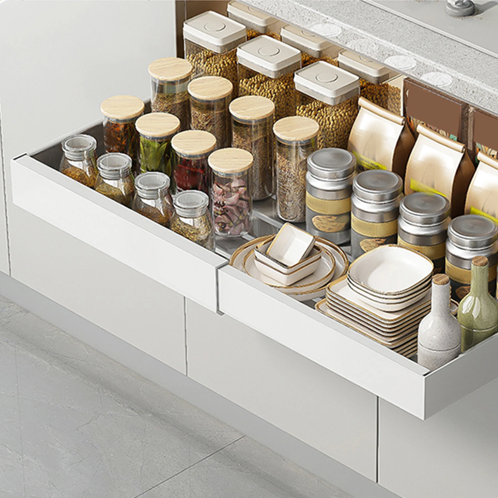 

Pull-out Cabinet Storage Rack Scalable Drawer Tray with Guide Rails Kitchen Multifuctional Organizer Spice seasoning White