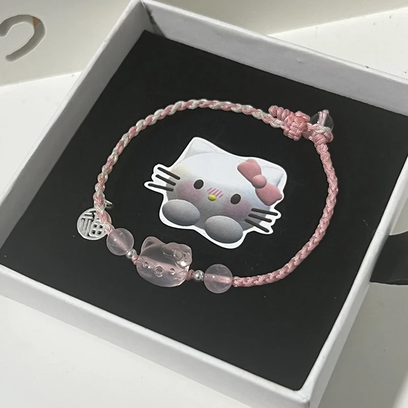 Kawaii Hellokittys Armband Y 2K Roze Armband Geluksmeisje Gevlochten Armband Goede Vriend Paar Sieraden Cadeau Lieve Schattige Hanger