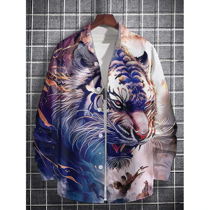 Lapel Men\'s Tiger Shirt Novelty HD Printing Long Sleeve Shirt Summer Fashion Casual Spring Sports Outdoor Light Comfortable